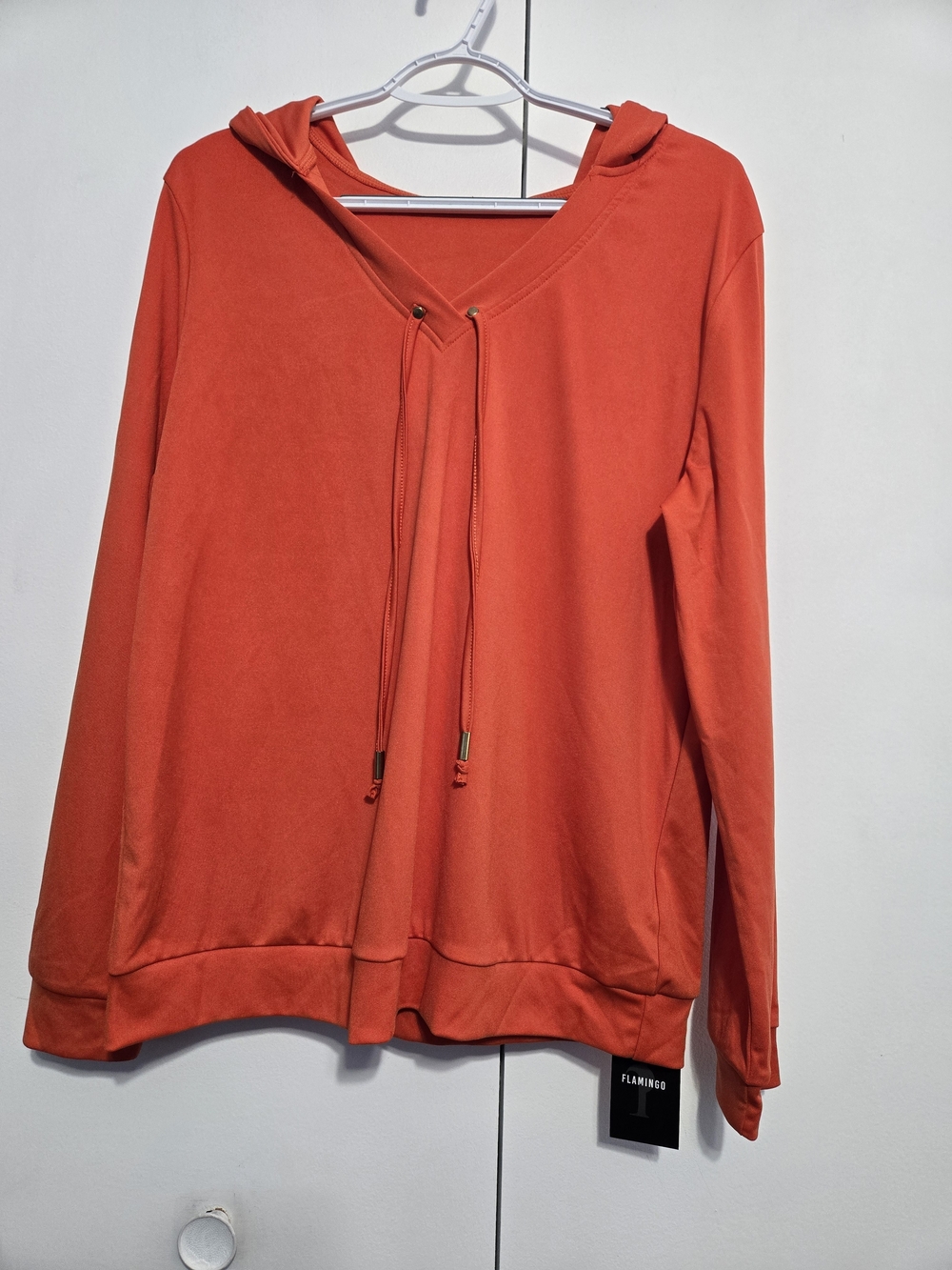 NWT Flamingo Burnt Orange Hooded V-Neck Pullover Top XL Soft Stretch